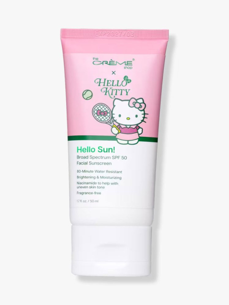 Pink and white tube of The Crème Shop x Hello Kitty Hello Sun Facial Sunscreen SPF 50 on light gray background