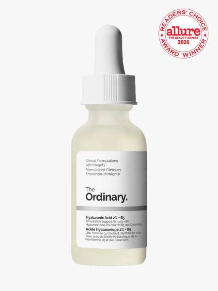 Clear bottle of The Ordinary Hyaluronic Acid Serum 2% B5 Hydrating Serum on a white background